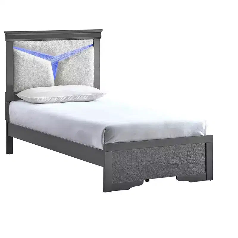 Lit plateforme double avec cadre en bois gris anthracite et tête de lit à LED