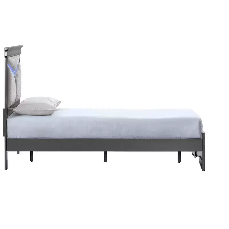 Lit plateforme double avec cadre en bois gris anthracite et tête de lit à LED