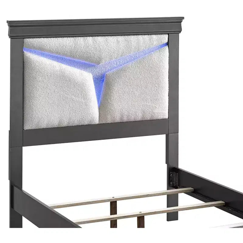 Lit plateforme double avec cadre en bois gris anthracite et tête de lit à LED