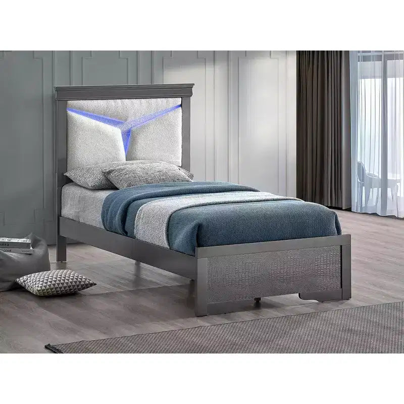 Lit plateforme double avec cadre en bois gris anthracite et tête de lit à LED