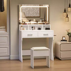 Vanity Table with LED Lighted Mirror Modern Makeup Vanity Desk with Storage Drawers & Open Shelves Vanity Set with Stool for Bedroom