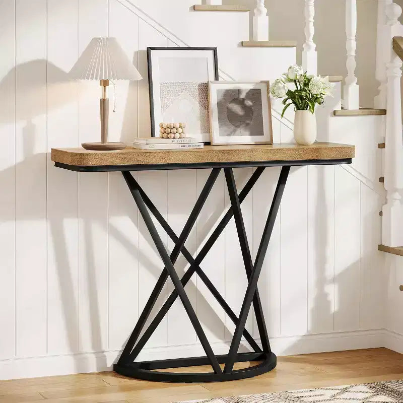 Lantine 41.3 Industrial Console Table with Geometric Metal Base Small Narrow Sofa Accent Furniture for Living Room Hallway Foyer