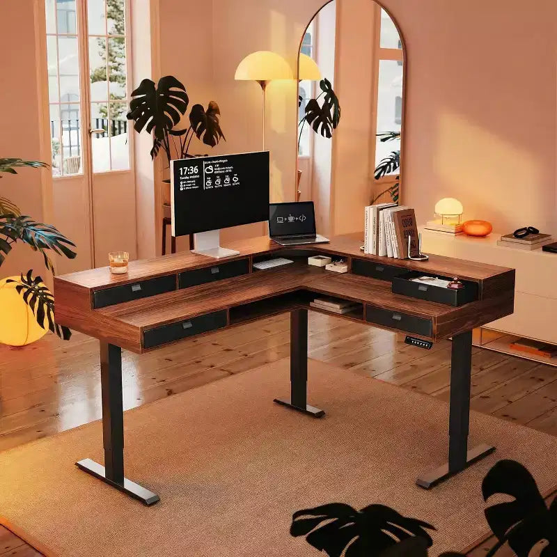 65.5 X 57.6 In Electric L Shaped Standing Desk with 6 Storage Drawers 2-Tier Corner Sit Stand Desk Height Adjustable Computer Gaming Table Walnut