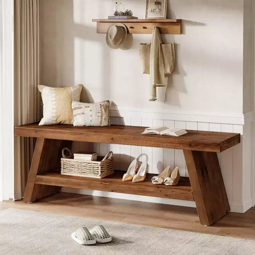 Lantine 2-Tier Entryway Bench Hallway Foyer Solid Wood Seating with Open Shelves Wooden Shoe Bench Indoor for Entryway Living Room (Rustic Brown)
