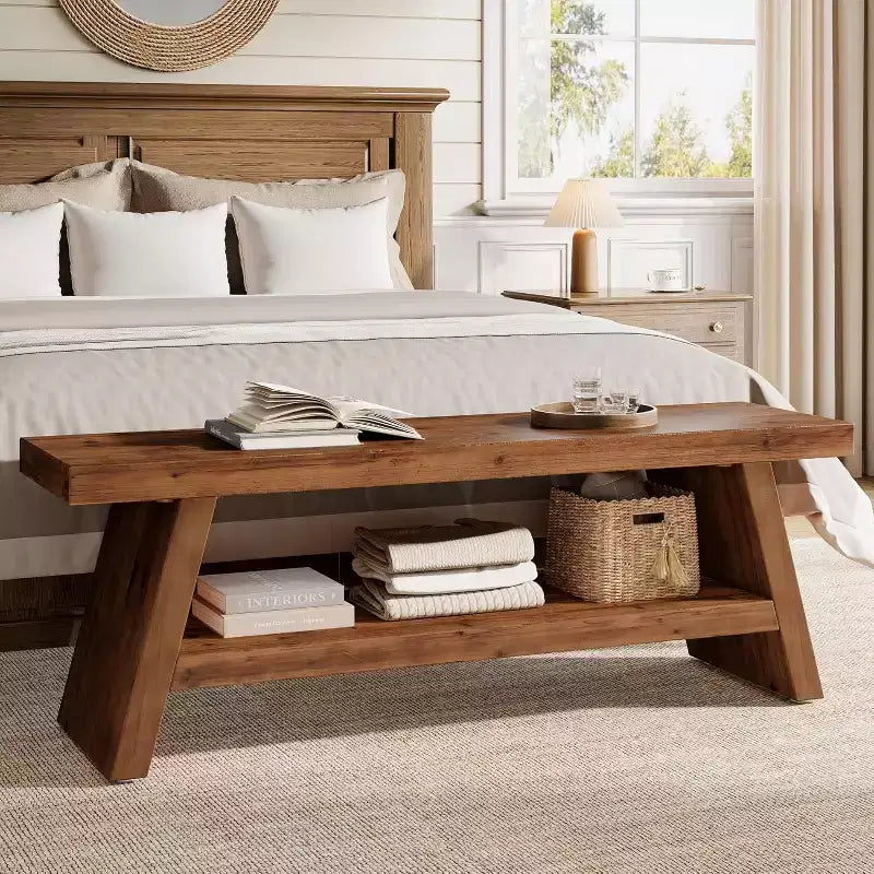 Banc d'entrée à 2 niveaux pour couloir, vestibule, assise en bois massif avec étagères ouvertes en bois