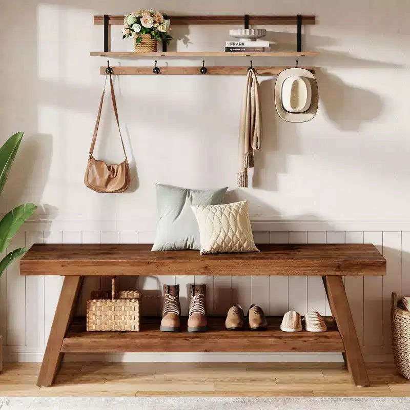 Banc d'entrée à 2 niveaux pour couloir, vestibule, assise en bois massif avec étagères ouvertes en bois