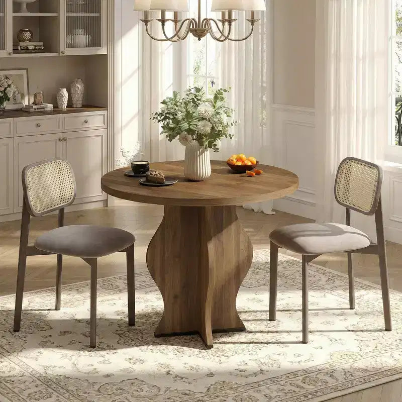 JVNOXK 31.5 Round Small Dining Table Walnut Farmhouse Kitchen Table with Wave Pedestal Space Saving Circle Table for Breakfast Nook Dining Room