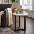 Royal Hampton Fina 20 Inch Round Side End Table White Genuine Marble Top Natural Brown Mango Wood 3 Leg Sled Base