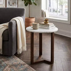 Royal Hampton Fina 20 Inch Round Side End Table White Genuine Marble Top Natural Brown Mango Wood 3 Leg Sled Base
