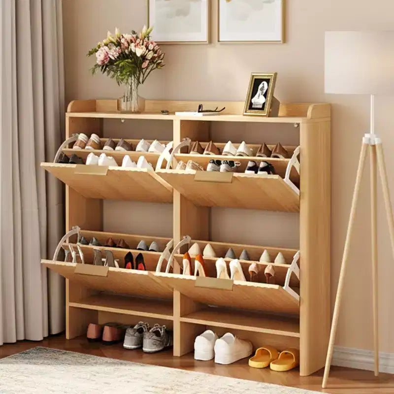Meuble à chaussures à 4 portes abattantes avec déflecteur de dessus de table, style à lattes
