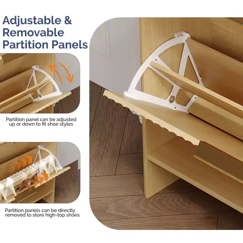 Meuble à chaussures à 4 portes abattantes avec déflecteur de dessus de table, style à lattes