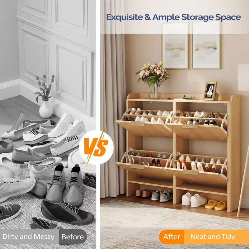 Meuble à chaussures à 4 portes abattantes avec déflecteur de dessus de table, style à lattes