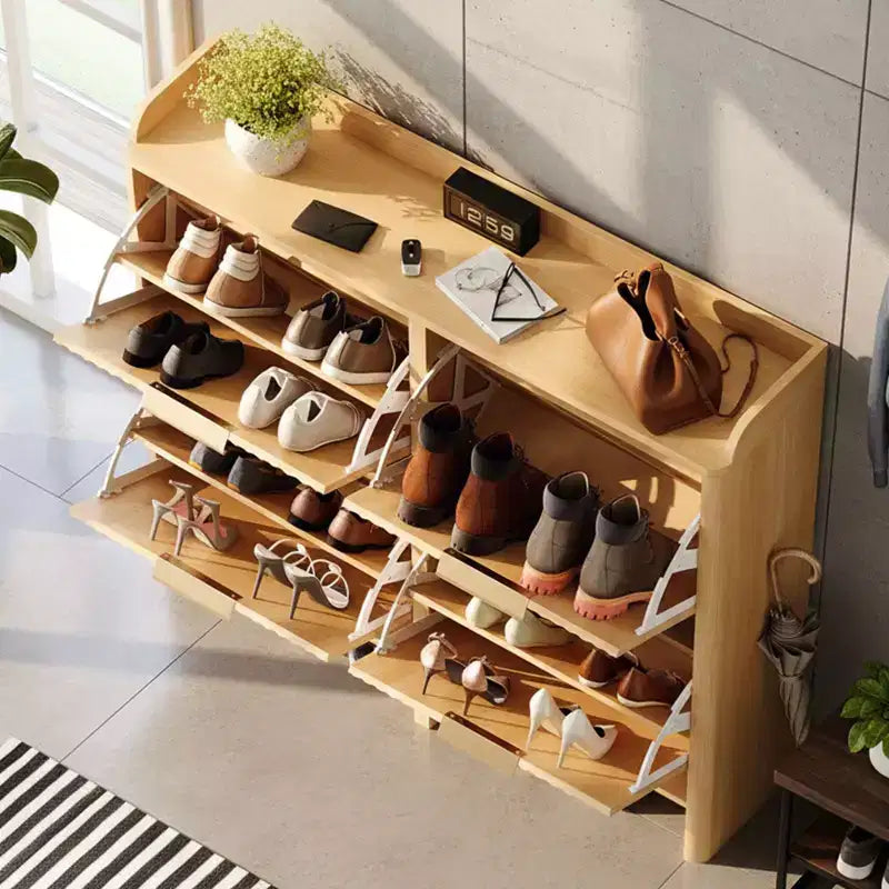 Meuble à chaussures à 4 portes abattantes avec déflecteur de dessus de table, style à lattes