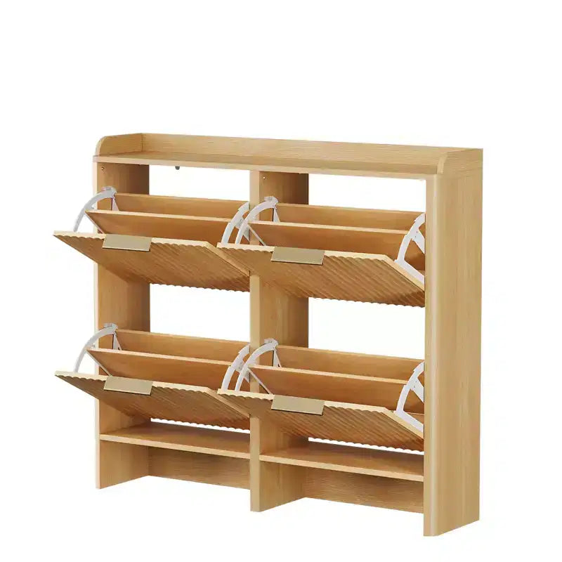 Meuble à chaussures à 4 portes abattantes avec déflecteur de dessus de table, style à lattes