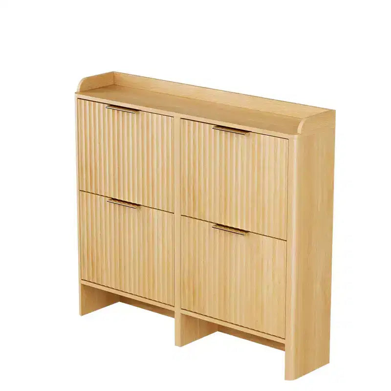Meuble à chaussures à 4 portes abattantes avec déflecteur de dessus de table, style à lattes