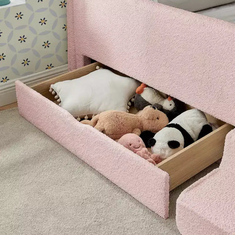Cadre de lit plateforme pour enfant taille jumeau Lit pour tout-petit avec barrière de sécurité et tiroir de rangement