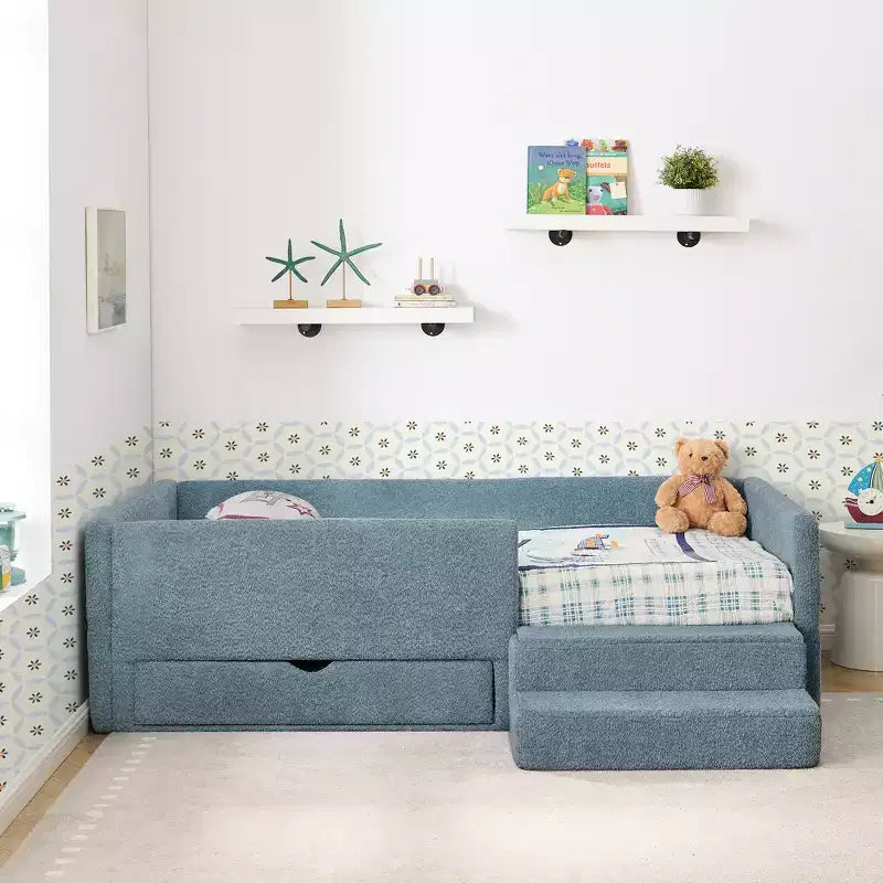 Cadre de lit plateforme pour enfant taille jumeau Lit pour tout-petit avec barrière de sécurité et tiroir de rangement