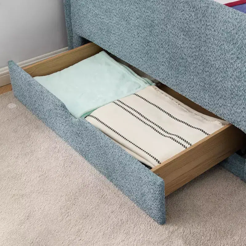 Cadre de lit plateforme pour enfant taille jumeau Lit pour tout-petit avec barrière de sécurité et tiroir de rangement