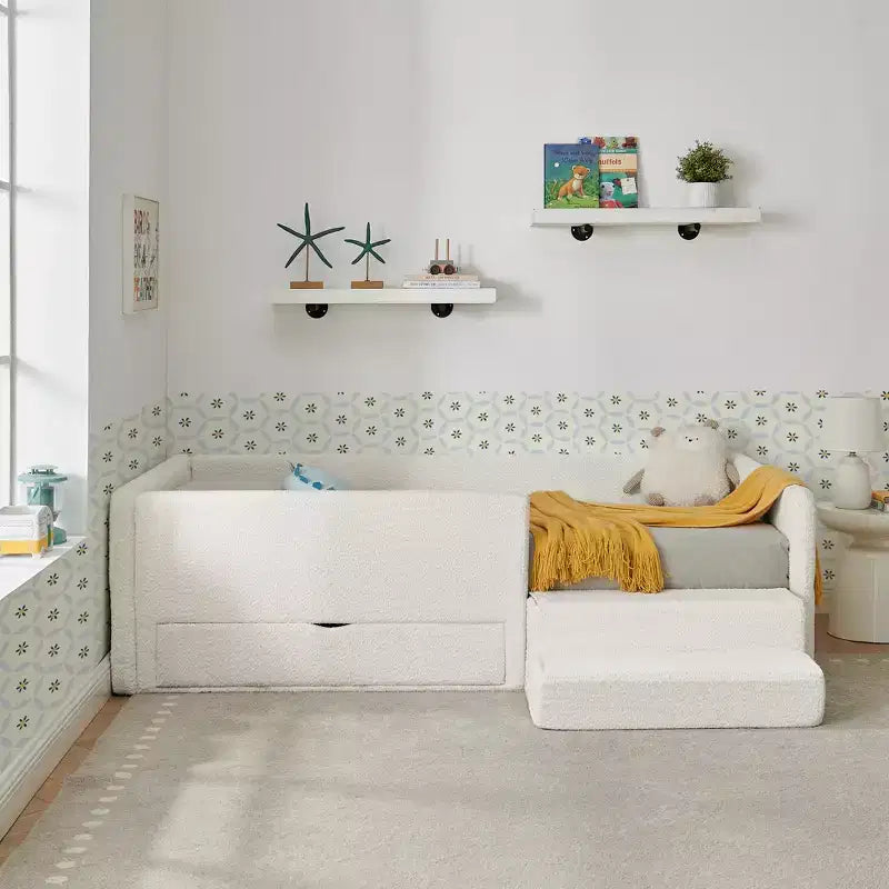 Cadre de lit plateforme pour enfant taille jumeau Lit pour tout-petit avec barrière de sécurité et tiroir de rangement