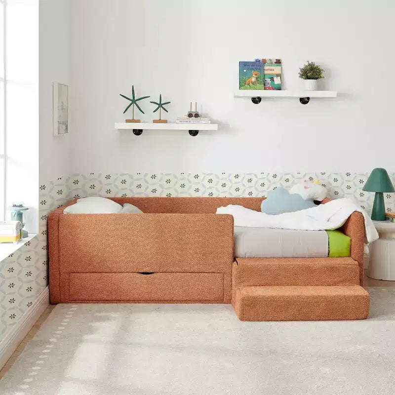 Cadre de lit plateforme pour enfant taille jumeau Lit pour tout-petit avec barrière de sécurité et tiroir de rangement
