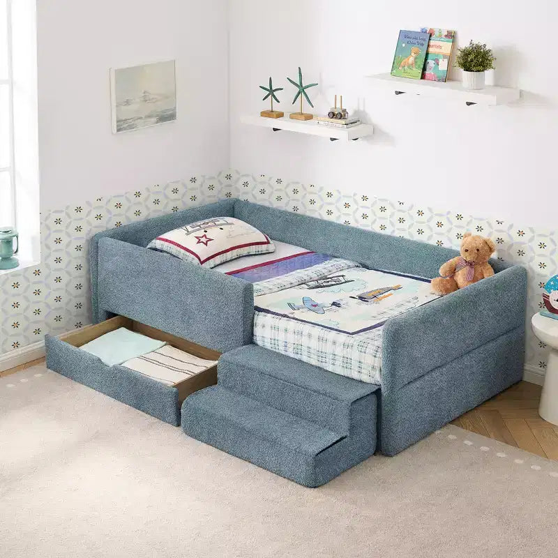 Cadre de lit plateforme pour enfant taille jumeau Lit pour tout-petit avec barrière de sécurité et tiroir de rangement
