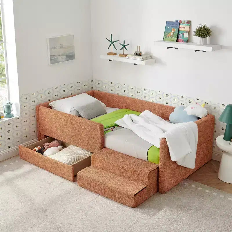 Cadre de lit plateforme pour enfant taille jumeau Lit pour tout-petit avec barrière de sécurité et tiroir de rangement