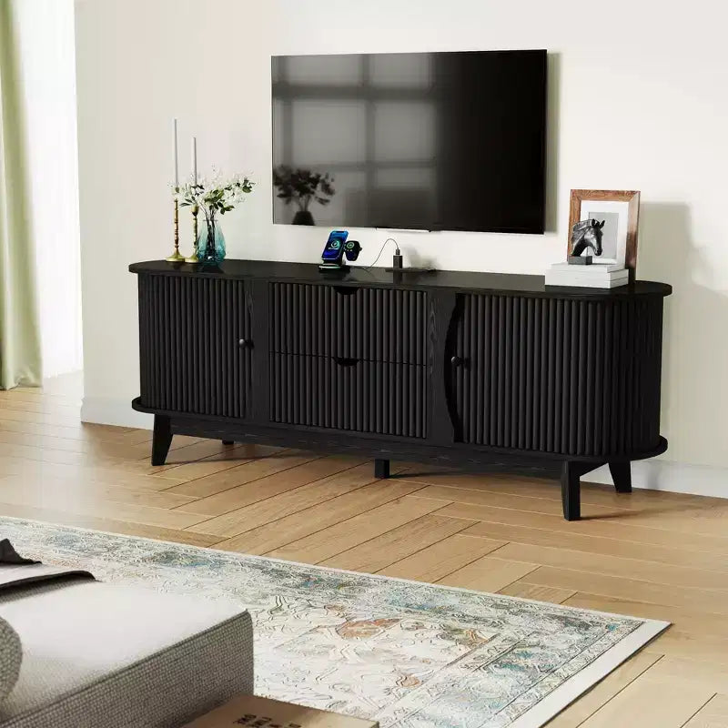 TV Stand with Charging Station Entertainment Center for up to 70 Inch TV Media Console Table with 2 Storage Cabinets & 2 Drawers for Living Room