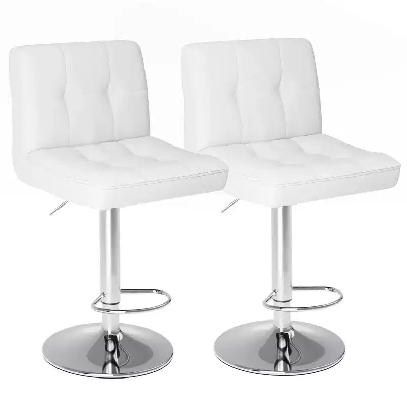 HomeRoots Set of Two White and Silver Faux Leather and Aluminum Adjustable Height Swivel Bar Chairs