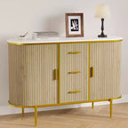 47'' Sideboard Buffet Cabinet with Sliding Doors Wave Panel Storage Cabinet with Faux Marble Top for Dining Room - Oak