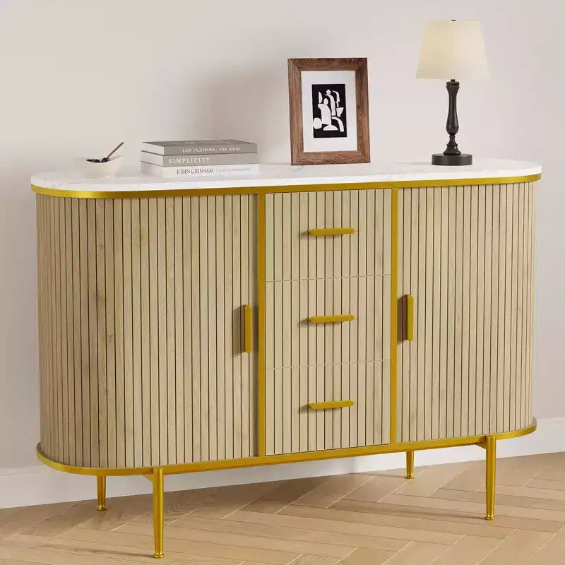 47'' Sideboard Buffet Cabinet with Sliding Doors Wave Panel Storage Cabinet with Faux Marble Top for Dining Room - Oak
