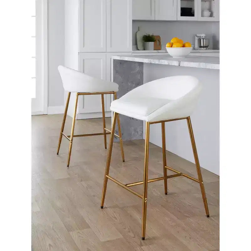 Tabourets de bar hauteur comptoir, structure en métal doré/similicuir blanc