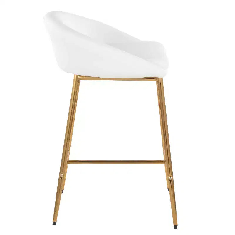 Tabourets de bar hauteur comptoir, structure en métal doré/similicuir blanc