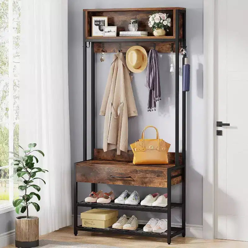Meuble d'entrée avec porte-manteaux industriel marron rustique