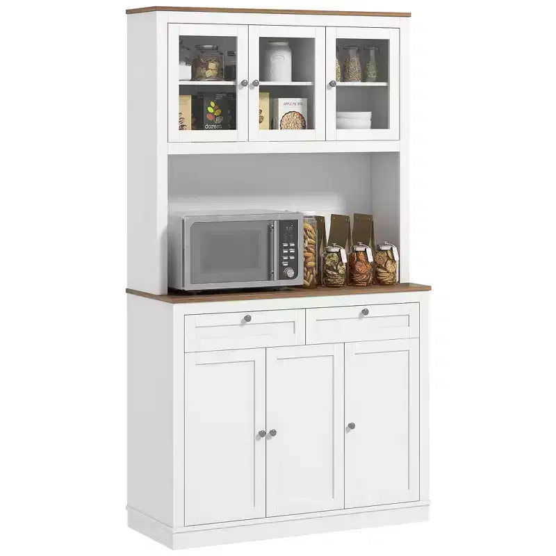 HOMCOM 71 Tall Kitchen Pantry Storage Cabinet with 2 Drawers Microwave Cabinet with Adjustable Shelves and Glass Doors White