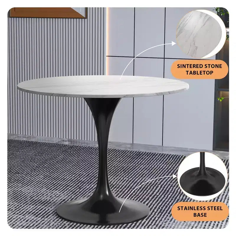 Table à manger ronde - Plateau en pierre frittée avec piédestal noir moderne Table d'appoint