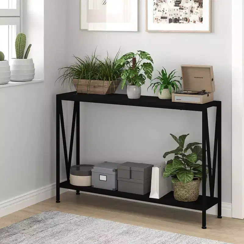 Console 2 Niveaux pour Entrée avec Rangement Noir/Marron/Gris