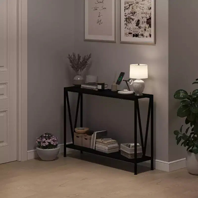 Console 2 Niveaux pour Entrée avec Rangement Noir/Marron/Gris