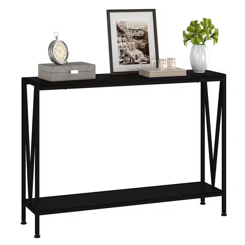 Console 2 Niveaux pour Entrée avec Rangement Noir/Marron/Gris