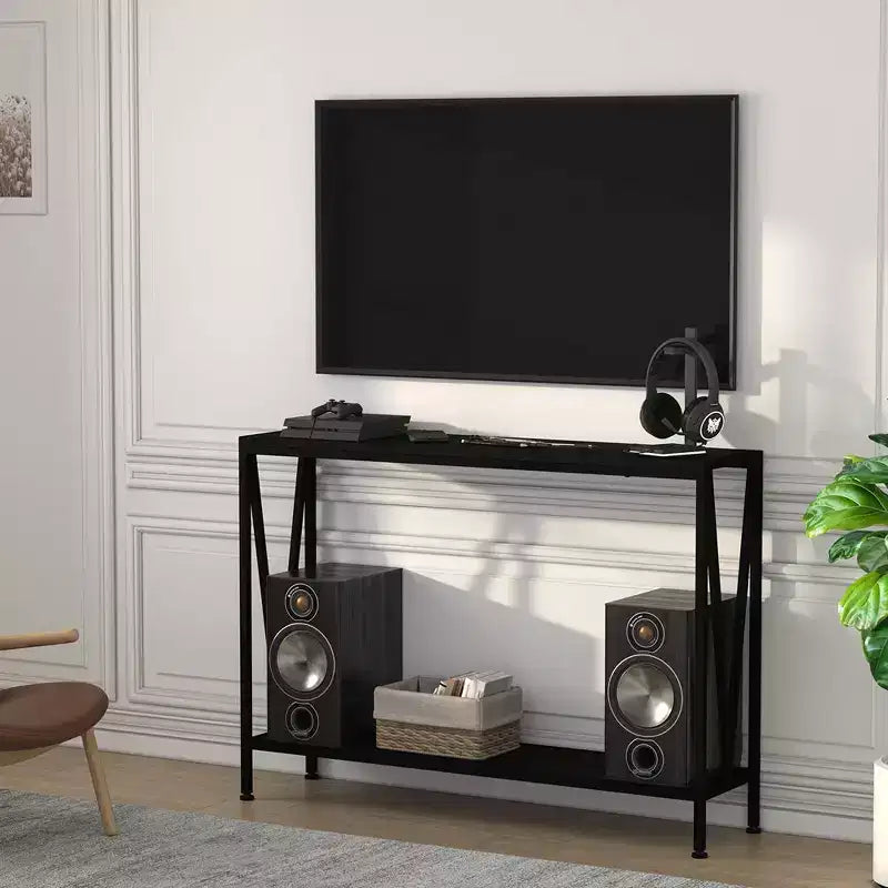 Console 2 Niveaux pour Entrée avec Rangement Noir/Marron/Gris