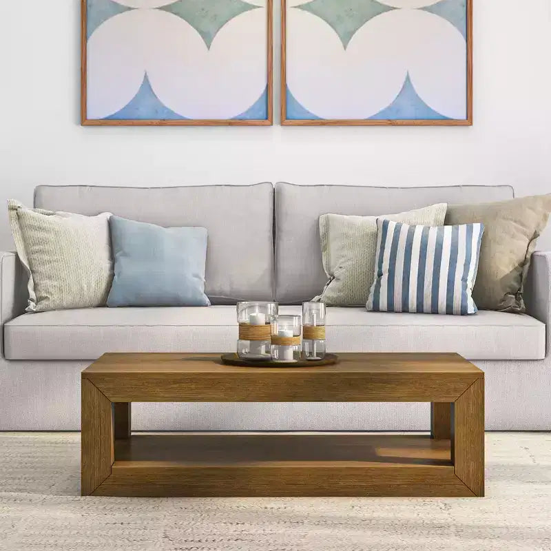 Table basse rectangulaire moderne avec étagère, en bois massif avec rangement