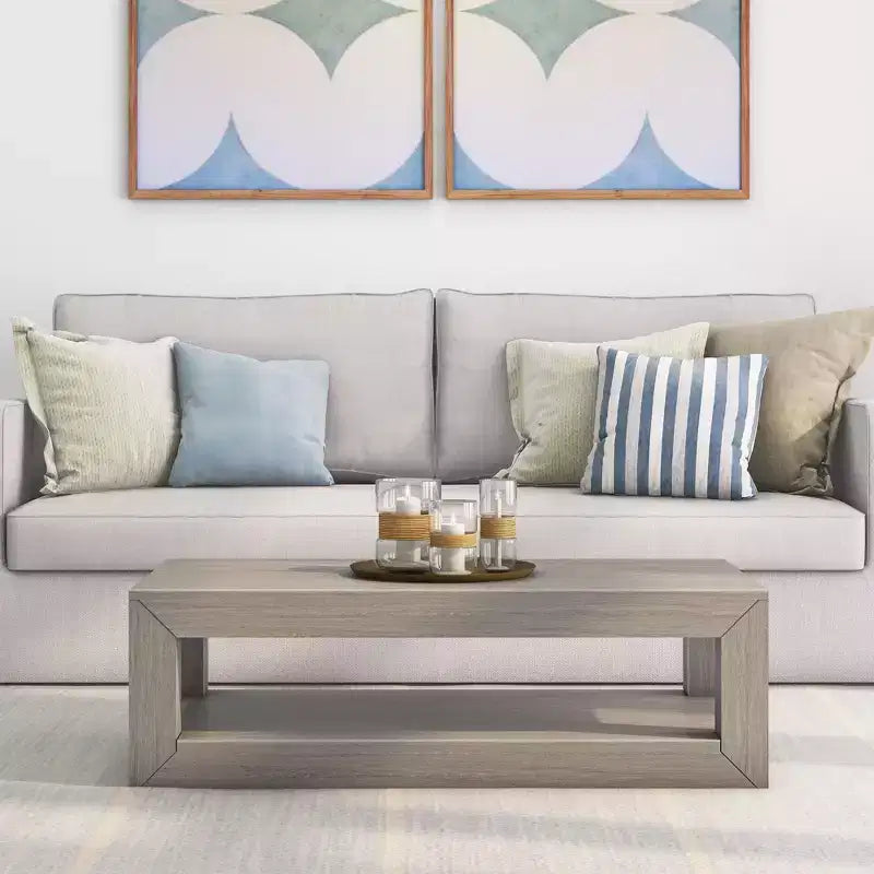 Table basse rectangulaire moderne avec étagère, en bois massif avec rangement