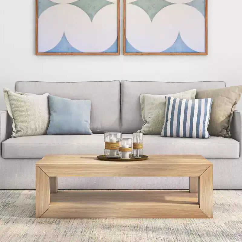 Table basse rectangulaire moderne avec étagère, en bois massif avec rangement