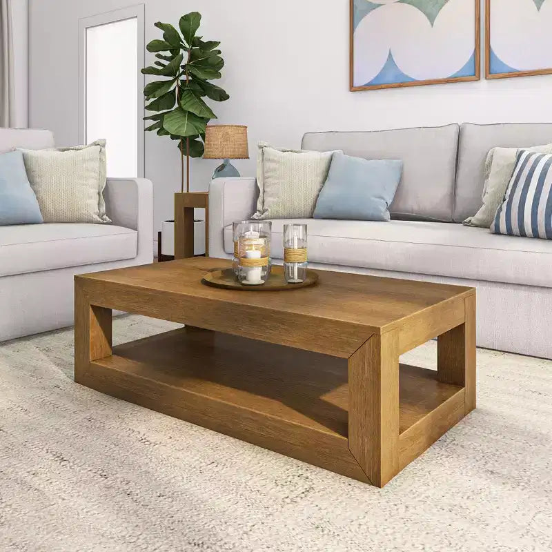 Table basse rectangulaire moderne avec étagère, en bois massif avec rangement