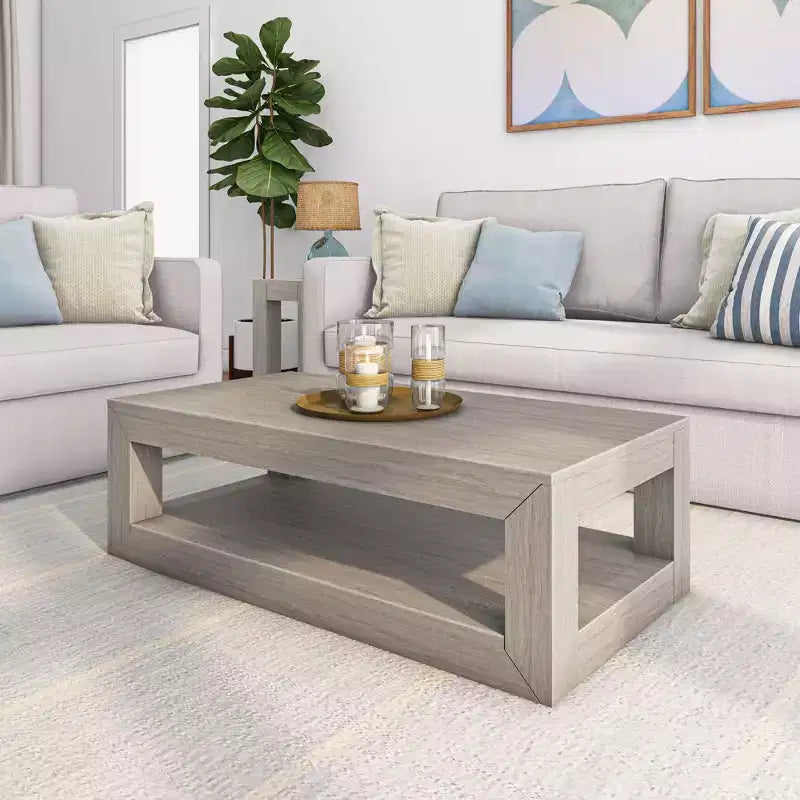 Table basse rectangulaire moderne avec étagère, en bois massif avec rangement