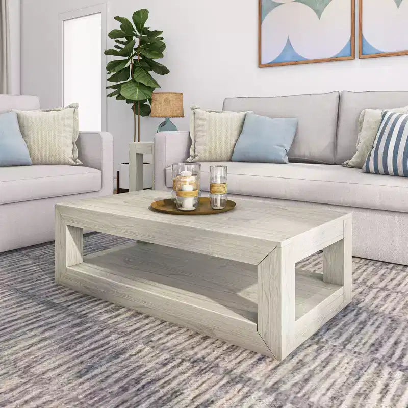 Table basse rectangulaire moderne avec étagère, en bois massif avec rangement