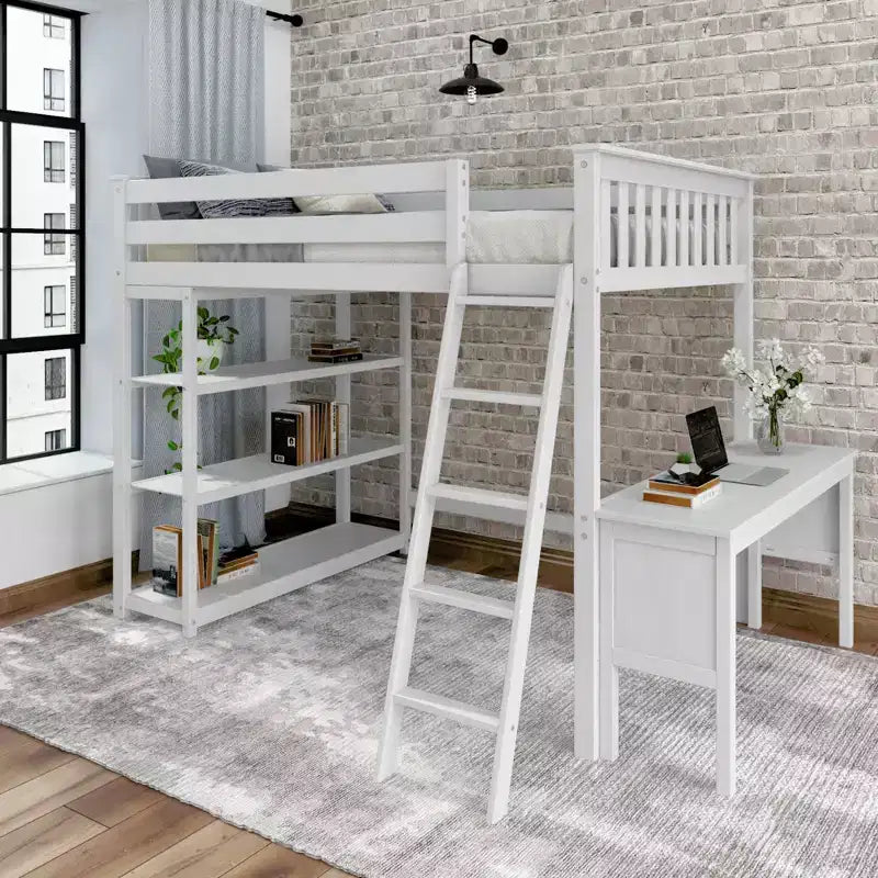 Full-Size High Loft Bed with Bookcase and Desk