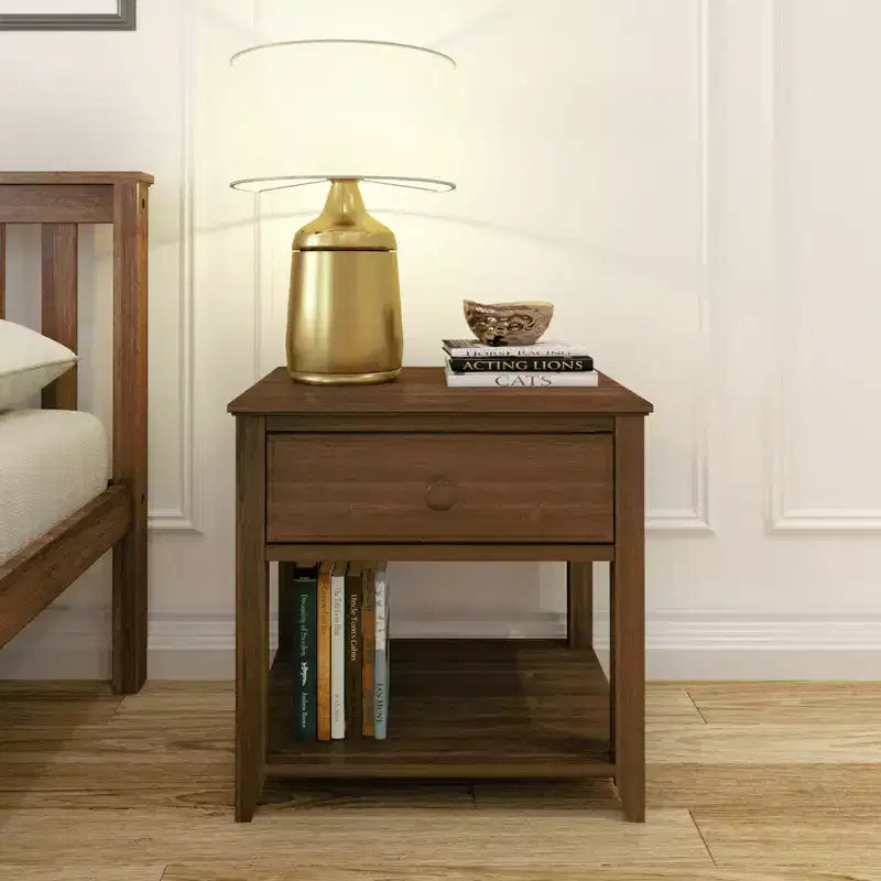 Table de chevet en bois massif avec tiroir de rangement et étagère