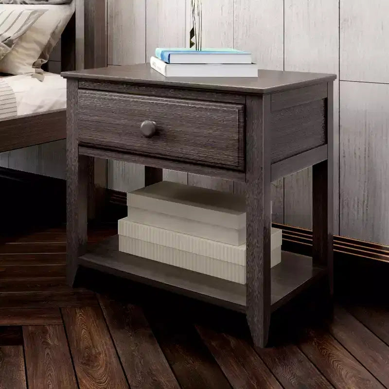 Table de chevet en bois massif avec tiroir de rangement et étagère