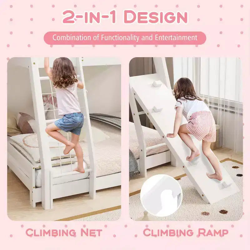 Lit superposé jumeau au-dessus d'un lit double en forme de maison
