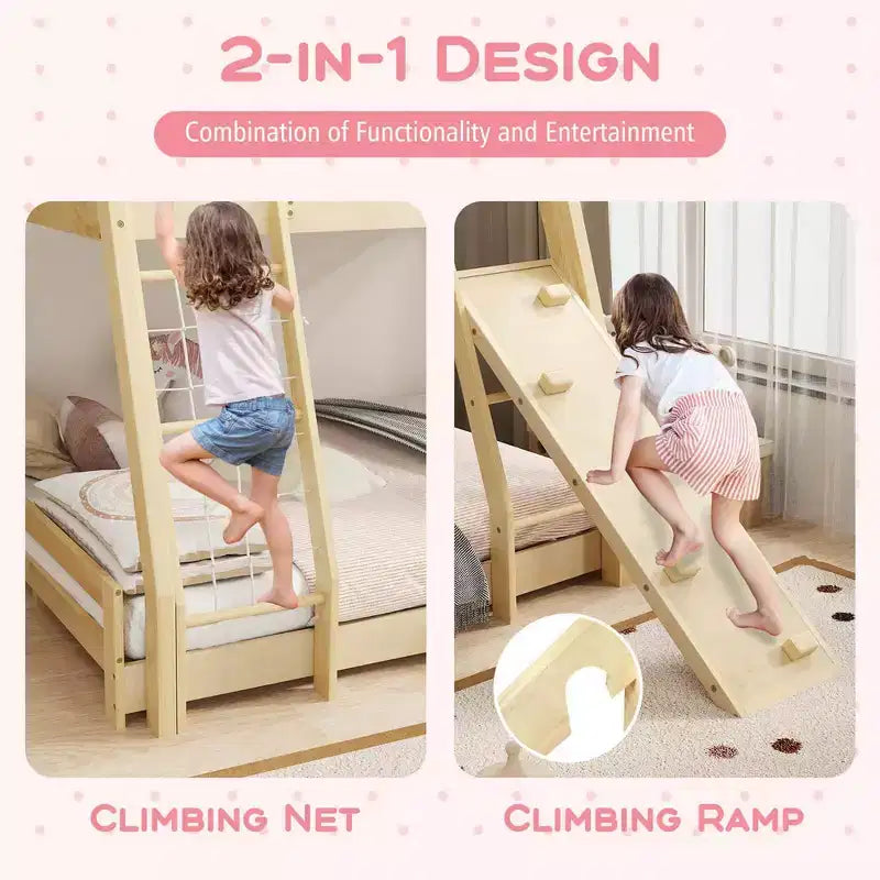 Lit superposé jumeau au-dessus d'un lit double en forme de maison